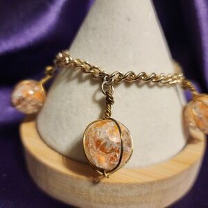 Retro Gold Tone Orange Crackle Glass Orb Wire Wrapped Charm Bracelet Size 6.5